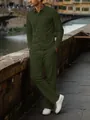 Detail view of men's dark green corduroy long-sleeve shirt and trousers casual set - Army Green