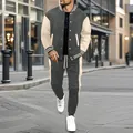Men's urban streetwear grey and beige color-block varsity jacket and joggers set. - S / Top And Bottom / Gray
