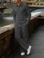Full body view of men's dark grey corduroy shirt and trousers set in outdoor setting. - S / Top And Bottom / Gray