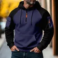 Casual men's navy blue and black half-zip hoodie with utility arm pockets for autumn - Navy Blue
