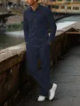 Men's navy corduroy long sleeve button-up shirt and pants casual two-piece outfit set. - Navy Blue