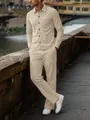 Full detail shot of men's beige corduroy long sleeve shirt and drawstring pants - S / Top And Bottom / Khaki
