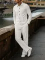 Close-up view of white corduroy men's shirt and pants set in a scenic outdoor setting - S / Top And Bottom / White