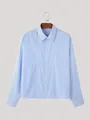 Blue vertical striped long-sleeve lapel shirt for men with a relaxed fit design. - Blue