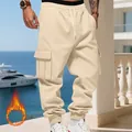 Men's heavy fleece cargo pants in beige, loose fit joggers for autumn and winter outfits. - Apricot