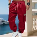 Detail of red heavy fleece cargo sweatpants for men with side pockets and drawstring - S / Bottoms / Red