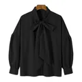 Casual loose black long-sleeve shirt with pussy-bow tie neck and drop-shoulder design - S / Tops / Black