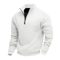 Detail view of men's white quarter-zip fleece sweatshirt with ribbed cuffs and hem - S / Tops / White