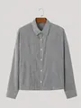 Detailed close-up view of a men's vertical striped long sleeve shirt with a turn-down collar - Gray