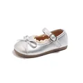 Silver metallic Mary Jane shoes for girls with lace trim and bow accent soft sole - Size 21 Inner Length 13.0cm / Silver