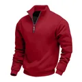 Detailed view of a men's red oversized half-zip fleece pullover sweatshirt. - S / Tops / Red