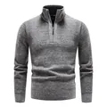Men's grey half-zip knitted sweater featuring a classic textured pattern and high collar. - Light Gray