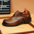Vintage brown leather brogue derby shoes with burnished toe for business and formal wear - Brown