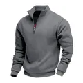 Detail view of men's grey half-zip fleece sweatshirt with ribbed cuffs and collar - Dark Gray