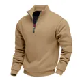 Men's khaki quarter-zip fleece pullover sweatshirt, casual solid color leisure wear - Camel