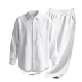 Détails de l'ensemble deux pièces en lin blanc texturé avec chemise et pantalon pour homme - S / Haut et Bas / Blanc