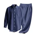 Ensemble chemise et pantalon en lin bleu marine pour hommes avec boutons décoratifs - S / Haut et Bas / Bleu marine