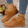 Stilvolle Damen-Winter-Loafer mit warmem Kunstpelzfutter und eleganter Schleife - Hellbraun