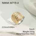 Detail view of two-tone stainless steel wide ring with hollow leaf pattern and measurements - Two-Tone Hollow Leaf Style (NMSR-M719-4) / Size 6 / Gold and Silver
