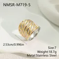 Detail view of hollow leaf pattern on two-tone stainless steel wide ring band. - Two-Tone Hollow Leaf Style (NMSR-M719-5) / Size 7 / Gold and Silver