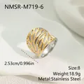 Detailed view of two-tone stainless steel hollow leaf ring with product specifications - Two-Tone Hollow Leaf Style (NMSR-M719-6) / Size 8 / Gold and Silver