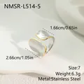 Macro view of textured two-tone stainless steel leaf open ring with dimensions - Two-Tone Textured Style (NMSR-L514-5) / Size 7 / Gold and Silver
