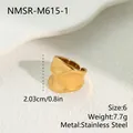 Detailed macro view of a gold wavy stainless steel ring with dimensions and material info - Irregular Ripple Texture Style (NMSR-M615-1) / Gold