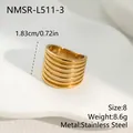 Detailed view of a multi-layer wide gold stainless steel ribbed ring with size and weight info - Multi-layer Horizontal Texture Style (NMSR-L511-3) / Size 8 / Gold
