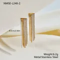 Macro view of gold stainless steel tassel earrings with rhinestone details and size info - Long Tassel Style (NMSE-L248-2)
