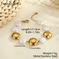 Detail view of stainless steel bracelet with baroque pearls and gold discs - Metal Disc Style (NMSB-M321-3)