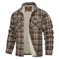 Men's plaid jacket featuring warm sherpa fleece lining and classic brown checks - Khaki