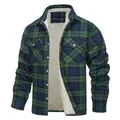 Close-up of men's warm fleece-lined green and blue plaid jacket with button pockets - Green