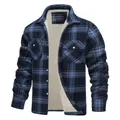 Detailed view of men's warm plaid jacket with thick fleece lining for cold weather - Blue Gray