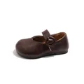 Classic dark brown French style girls' Mary Jane leather shoes featuring a round buckle strap. - Size 21 Inner Length 13.5CM / Buckle Flat Mary Jane (XXJ-Z99) / Caramel color