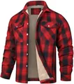 Detailed view of red plaid jacket featuring warm tan sherpa fleece inner lining. - Black Red