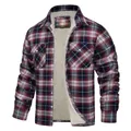 Detail of men's casual long-sleeved plaid jacket featuring warm fleece interior lining - Burgundy