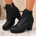 Elegant black high heel lace-up ankle boots with chunky heel and side zipper - 36 / Black