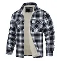 Front view of a men's black and white plaid jacket featuring a warm cream fleece lining - Black and White