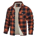 Men's orange and black plaid flannel shirt jacket with warm sherpa fleece lining - S / Tops / Orange