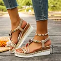 Bohemian wedge sandals with woven beaded straps and 5.5cm thick platform. - Cream White with Beads