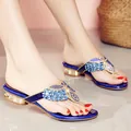 Elegant bohemian blue rhinestone flip-flops with low heels for summer beach vacation - 35 / Blue