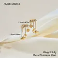 Detailed view of gold stainless steel bee and flower tassel earrings with measurements. - Literary Style Tassel Earrings (NMSE-M328-3) / Gold