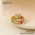 Macro view of multi-color geometric crystal ring in gold-plated stainless steel metal - Gold Rectangle Style (NMSR-M445-3)