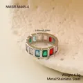 Detail of stainless steel ring featuring colorful geometric gemstones and dimensions - Silver Rectangle Style (NMSR-M445-4)