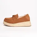 Stylish brown suede platform loafers for women featuring espadrille jute-wrapped sole - Brown