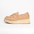 Women's khaki suede platform espadrille loafer with tassel detail and braided rope sole - Apricot
