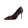 Elegant pointed toe stiletto pumps featuring a vibrant red and black abstract pattern - 34 / Red