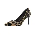 Elegant black pointed-toe stiletto pumps with golden floral pattern for women - 34 / Gold
