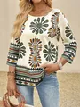 Haut bohème chic à imprimé floral, col rond et manches trois-quarts pour femmes - S / Hauts / Blanc Cassé