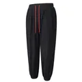 Men's breathable black cotton linen casual drawstring trousers with bright red cords - S / Bottoms / Black